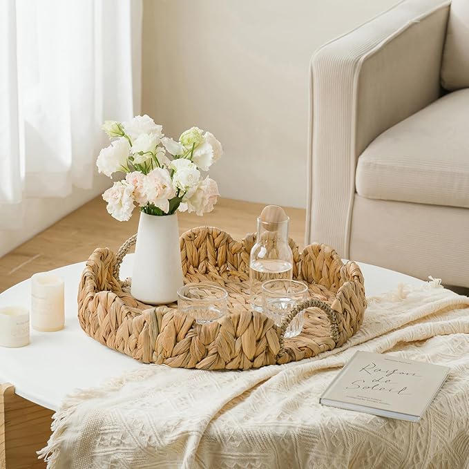 Round Wicker Scalloped Serving Tray with Handles - Seagrass Handwoven Trays,Water Hyacinth Tray for Home Decor and Living Room, Dining Table, Bathroom Organizing, 17" L x 17" W x 3.6" H