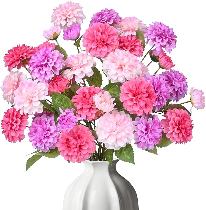 12Pcs Fake Artificial Pompon Mums Flowers Indoor with Long Stems Ball Chrysanthemum Faux Silk Flowers for Vase Floral Arrangement for Spring Home Decor Centerpieces for Table Kitchen Decoration