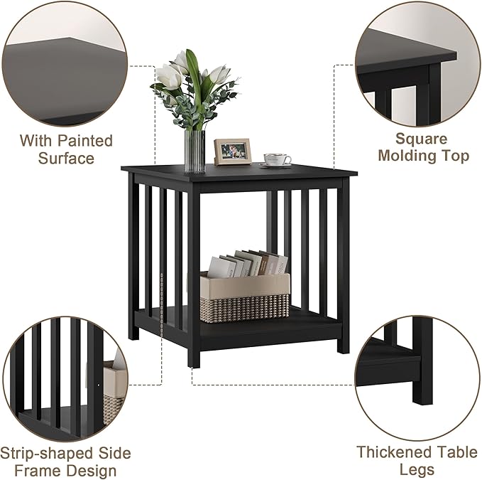 Treocho End Table, 24 Inch Square Side Table Living Room with 2-Tier Storage Shelf, Modern Nightstand for Living Room, Bedroom, Office, Black
