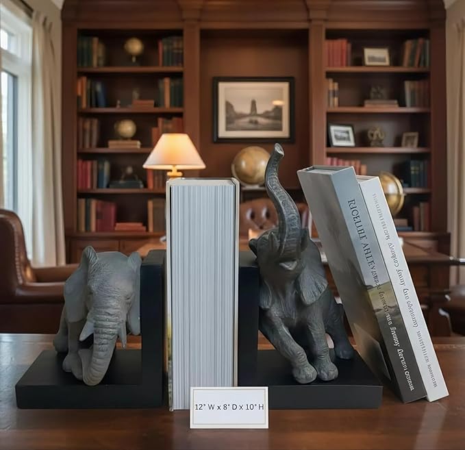 Comfy Hour 12" Large Elephant Decorative Bookends, Unique Heavy Duty Animal Book Ends for Shelves, Vintage Polyresin Book Stopper for Heavy Books, Gray & Black, 1 Pair