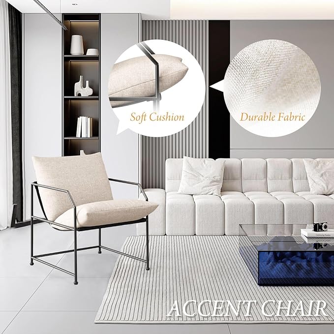 Accent Chair Living Room Chairs Comfy Reading Chair for Bedroom Upholstered Lounge Chair Mid Century Modern Arm Chair Sling Accent Chairs for Living Room Side Sofa Chair Fabric Armchair(Cream, 1)