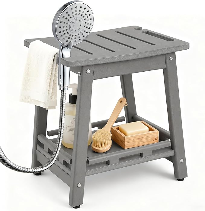 HDPE Shower Bench Seat for Shaving Legs, Waterproof Shower Stool with Storage Shelf for Bathroom,Grey