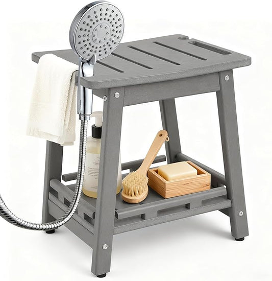 HDPE Shower Bench Seat for Shaving Legs, Waterproof Shower Stool with Storage Shelf for Bathroom,Grey