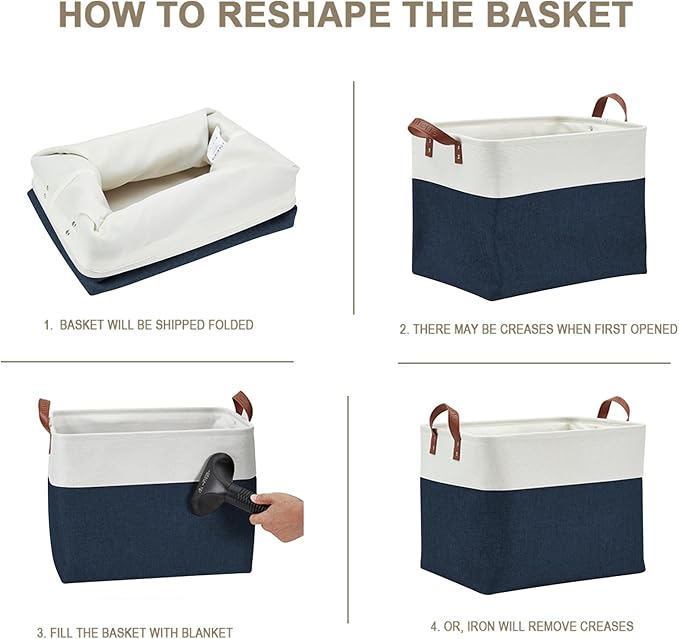 DECOMOMO Large Fabric Storage Baskets - Linen Closet Storage Bins with Handles for Laundry, Clothes, Home, Office (Navy Blue & White, XXL - 3 Pack)