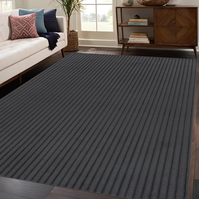 Beverly Rug Non Slip Area Rug 4 x 6 Modern Durable Ultra Soft Ribbed Indoor Rugs for Living Dining Room Office Stain Resistant Non Shedding Casual Easy Shag Indoor Carpet Dark Gray 4x6
