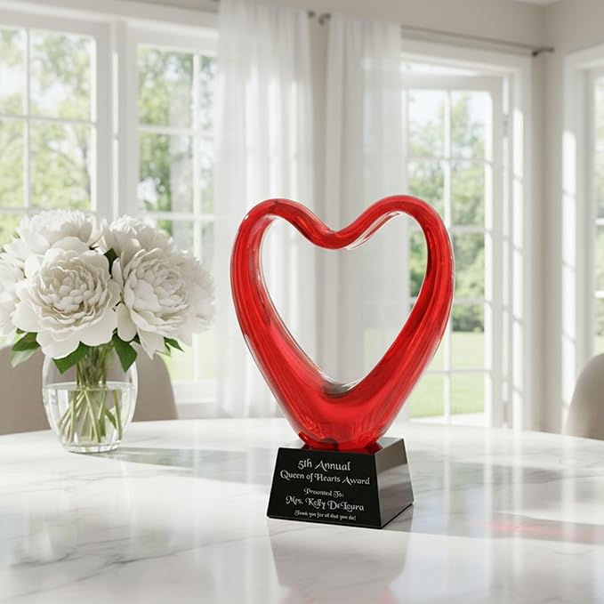Personalized 6.5" Red Glass Heart Award, Custom Engraved Decorative Heart-Shaped Glass Award Statue for Appreciation, Recognition, Grattitude