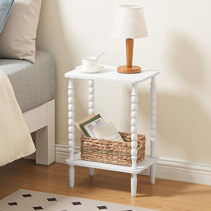 HOOBRO End Table, 2-Tier Small Side Table with Spindle Legs, Nightstand with Storage Shelves, Sofa Side Table, for Living Room, Bedroom, Small Space, White WT189BZ01