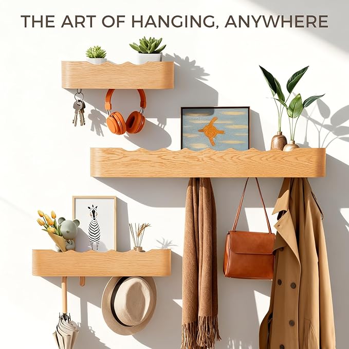 Wall Coat Rack Floating Shelves Modern Coat Rack Wall Mount with Storage Entryway Shelf Wooden Hanger 20 Inch 4 Hidden Metal Hooks for Living Room Bedroom (Wavy Oak, 4 Hooks)