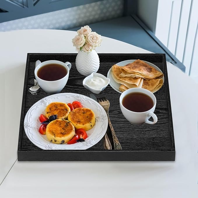 13 x 13 Inches Large Square Black Solid Wood Ottoman Tray, Serve Tea, Coffee or Breakfast in Bed, Classic Wooden Decorative Serving Tray with Raised Edges, Kitchen Party Bar Server Table Tray