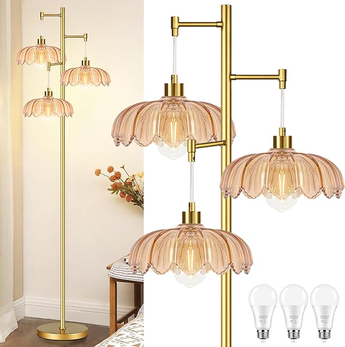 ZECOXOL Gold Floor Lamps for Living Room 3 Lights Floor Lamp with Glass Lampshape & Three Led Bulb,Mid Century Standing Lamp Vintage Brass Tall Lamp Tree Floor Lamp for Bedroom Corner