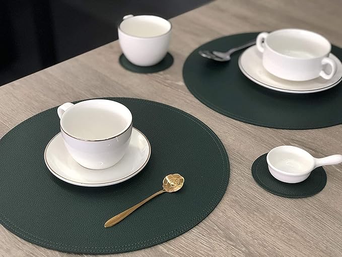 Set of 8 Faux Leather Round Placemats and Coasters, Disko Table Mats and Drink Spills Coasters, Easy to Clean, Double Stitched for Kitchen Dining Table, Diameter 13'' and 3.9''