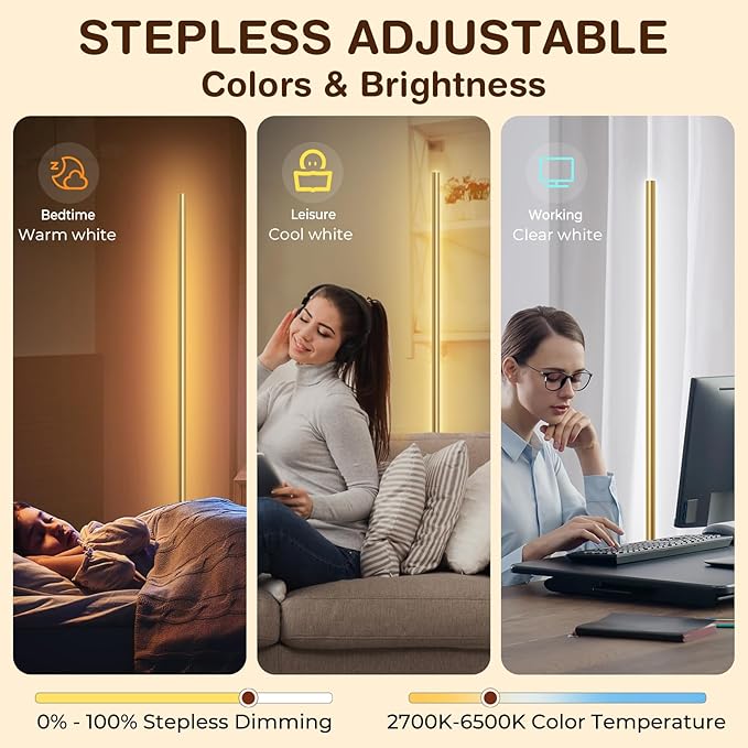 LED Corner Floor Lamp for Living Room, Dimmable Light with Remote, 2700-6500k Stepless Adjustable Colors & Brightness, Modern Reading Bright Light, 58" Standing Lamp for Bedroom (Gold)