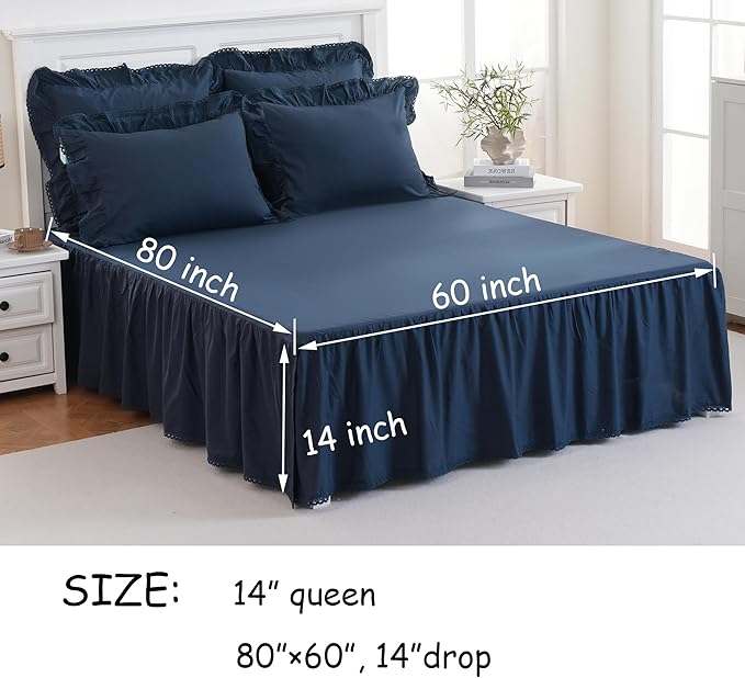 Vlocemon Queen Size 14 inch Drop Navy Blue Dust Ruffle, 100% Lightweight Cotton Ruffled Bed Skirt, French Coutry Style, Lace Ruffled Bed Skirt with Split Corners
