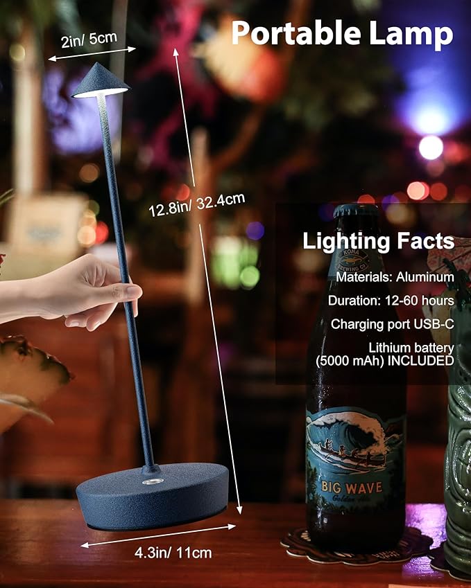 Cordless Table Lamps Rechargeable, 6000mAh Battery Operated LED Desk Lamp Outdoor Waterproof Portable Touch Dimmable Table Light for Patio Restaurant Dining Home Blue