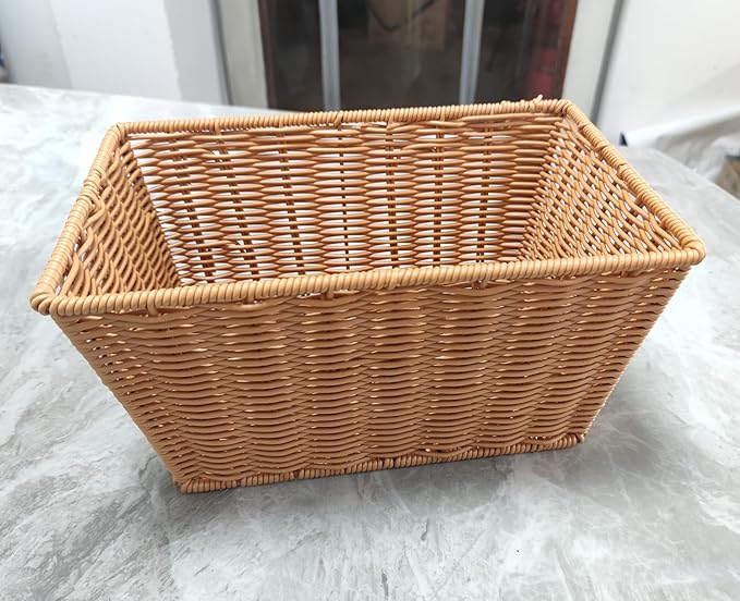 12" Poly Wicker Bread Basket, Hand Woven Food Storage Room Organizer, Fruits, Vegetables and Snacks Tabletop Food Serving Basket, Restaurant, Hotel Service, Brown (11.9x8x5.9)