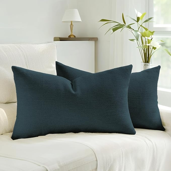 HAUSSY Navy Blue Throw Pillow Covers 12x20 Inch Set of 2,Boho Decorative Faux Linen Lumber Throw Pillows Cozy Farmhouse Accent Cushion Covers,Home Decor for Couch Sofa Bed Living Room