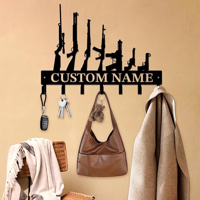 Personalized Custom Name Gun Wall Hooks,Metal Gun Room Art Clothes Hooks,Metal Gun Wall Home Storage Decorative,For Front Door, Hallway, Kitchen, Bedroom,Keys,Hats (Style G)