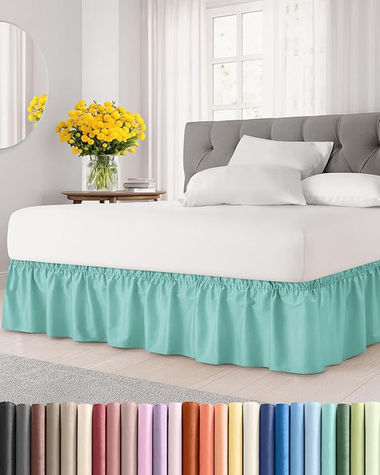 Wrap Around Dust Ruffle Bed Skirt - Spa Blue - for Full Size Beds with 21 Inch Drop - Easy Fit Elastic Strap - Adjustable Pleated Bedskirt w/Brushed Fabric Wrinkle Free - for Women, Men, Kids & Teens