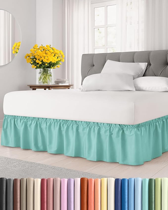 Wrap Around Dust Ruffle Bed Skirt - Spa Blue - Twin/Twin XL Size Beds with 12 Inch Drop - Easy Fit Elastic Strap - Adjustable Pleated Bedskirt w/Brushed Fabric Wrinkle Free - Women, Men, Kids & Teens
