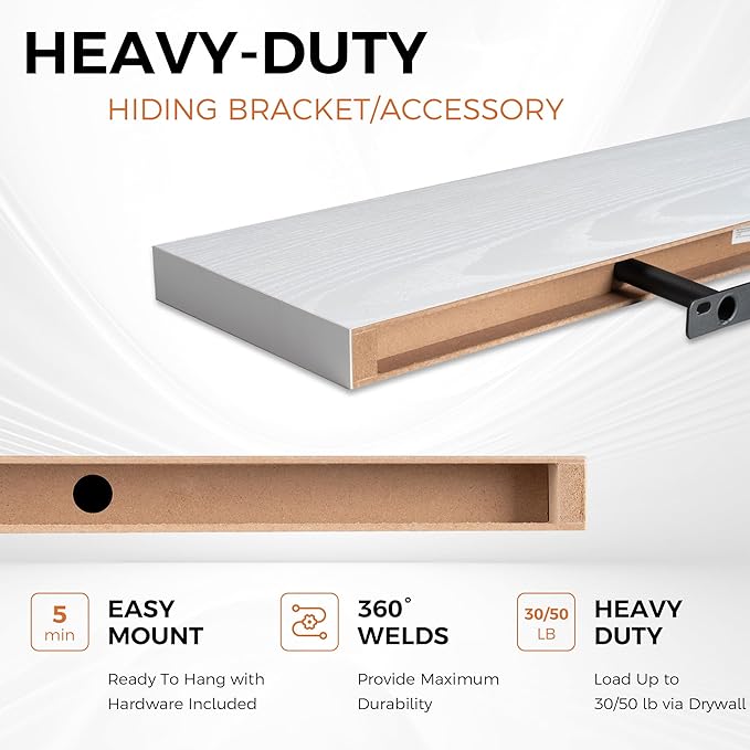 Fun Memories White Floating Shelves for Wall, 48 Inch Floating Shelves for Home Decor, Wall Mounted Rustic Wood Shelves, Bathroom, Hanging Deep Shelf for Bedroom, Living Room, Kitchen, 2 Packs