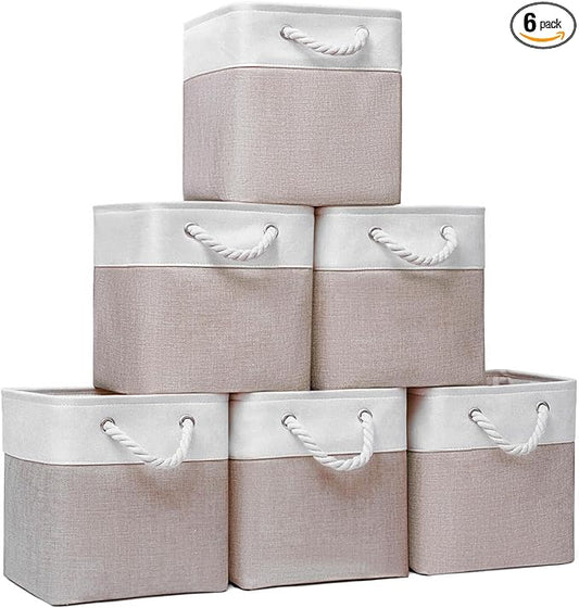 Fabric Storage Cubes, 11 inch cube storage bin with Handles, 11x11cube storage organizer bins, Collapsible Storage Bins for Shelves and Home, Cubby Storage Bins (white-khaki, 10.5x10.5x11in)
