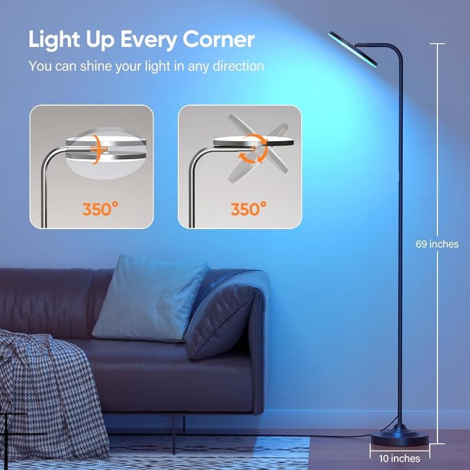 SIBRILLE RGB Floor Lamp, 36W Bright LED Standing Lamp, Stepless Dimming Color Changing Torchiere Floor Lamps with Remote, 350°Rotating Modern Tall Floor Lamp for Living Room, Gaming Room