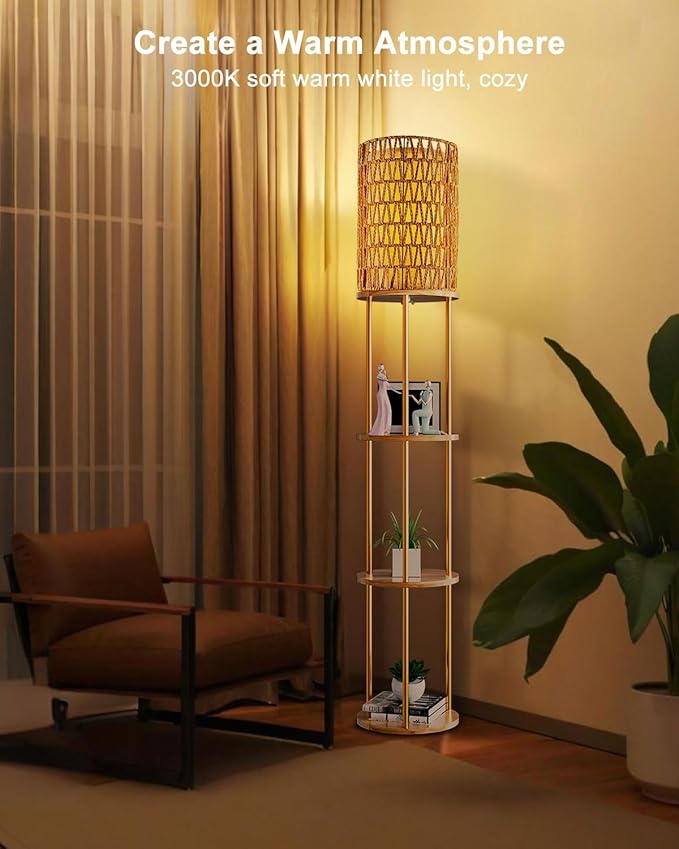 ACOHOOK 61" Rattan Floor Lamp with Shelves, 3-Tier Storage Shelves with 3000K E26 Bulb Included, 35lb Capacity Solid Wood Design, Corner Bookshelf Floor Lamps for Living Room, Bedroom Home Decor-Gold