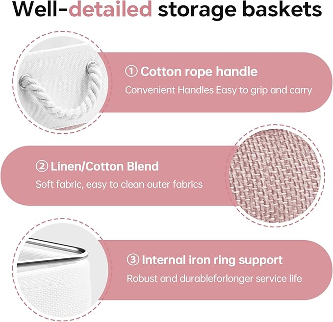 13x13 Inch Cube Storage Bins with Reinforced Bottom Cardboard, 6 Pack Large Foldable Fabric Storage Cubes with Handles for Shelf, Closet, Laundry Organization (White&Pink)