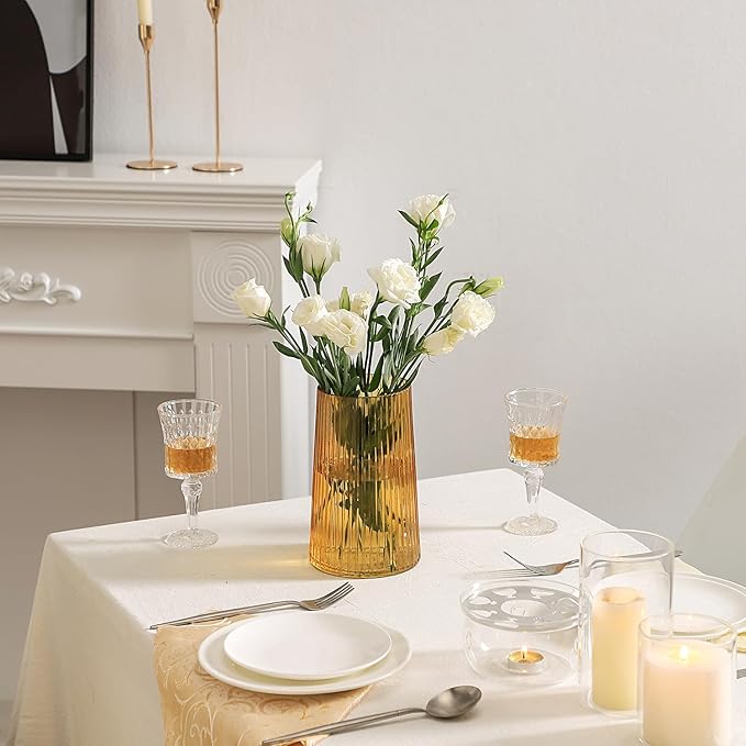 Amber Glass Vase for Flower, Flower Vase for Bouquet, Modern Glass Vases, Ribbed Vases for Living Room, Bedroom, Dining Table, Office, Wedding, Centerpieces, 8 Inches