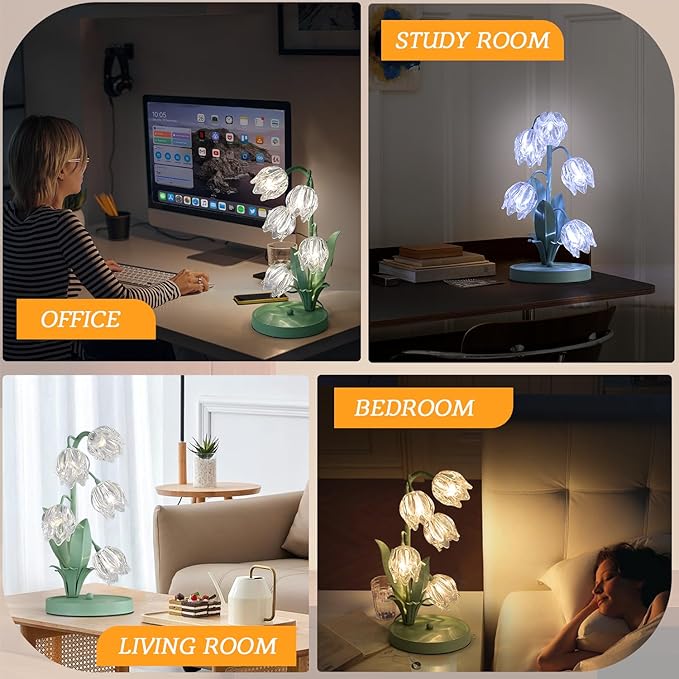 Glass Flower Table Lamp,5 Lily of The Valley Bedside Lamps,3 Color Modes Desk Lamp with G4 Led Bulbs for Home,Living Room,Bedroom,Night Stands,Decor
