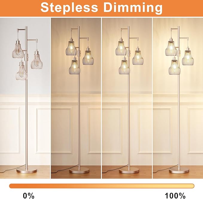 Ziisee Dimmable Floor Lamps for Living Room, Industrial Tree Standing Tall Lamps with 3 Elegant Cage Shade & 650 Lumens LED Bulbs for Bedroom Office - Light Gold