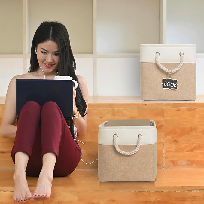 13x13x13 Storage Cubes Bins[6 Pack],Cube Storage Organizer Bins with Rope Handles, Eco-Friendly Linen Collapsible Organizers for Closet, Nursery, Toys, Office, Bathroom–Dual Color Design.(White&Khaki)