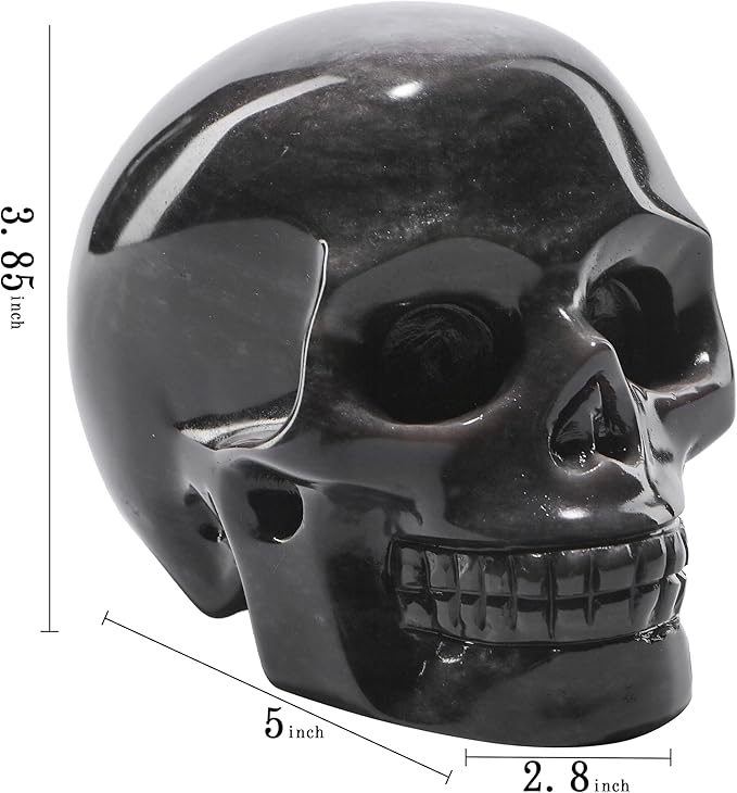 5''Natural Silverstone Obsidian Crystal Skull Head Hand Carved Reiki Healing Stone Statue Healing Home Office Art Room Decoration