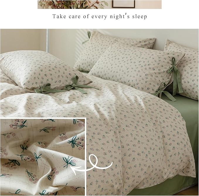 LifeTB Vintage Floral Duvet Cover Full Garden Style Aesthetic Green Flower Comforter Cover with Zipper Closure Boho Cottagecore Duvet Cover Botanical Cotton Comforter Cover with 2 Bowknot Pillowcases