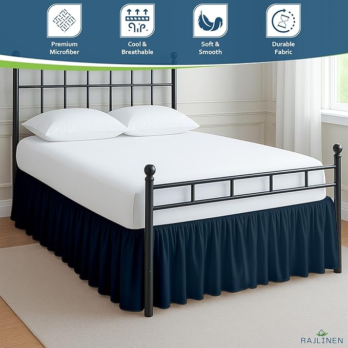 Rajlinen Ruffled Bed Skirt Twin, 12 Inch Drop Dust Ruffle with Split Corners, 100% Microfiber Bedskirt with Platform, Three-Sided Coverage Ruffled Gathering Design, Navy Blue