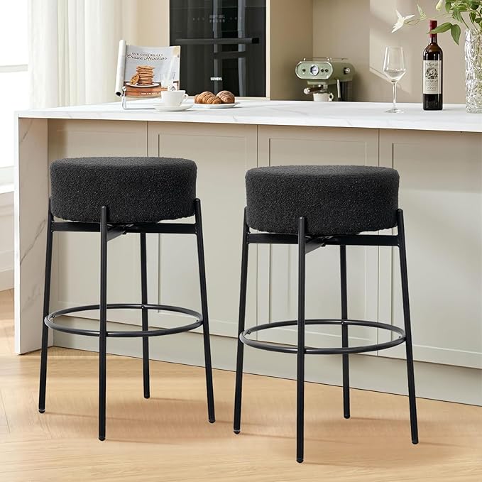 SoarFlash Modern Rotatable Bar Stools Set of 2, 30" Sherpa Swivel Counter Height Stools with Round Soft Padded Boucle Backless Seat, Black