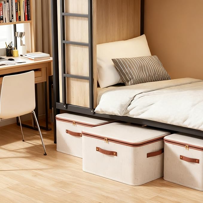 Tuza 3 Pcs Rigid Storage Bins with Zipper Lid, Cotton Linen Fabric Storage Boxes, Foldable Shelves Clothes Storage Cubes with Handles for Wardrobe, Closet(Beige, 15L)