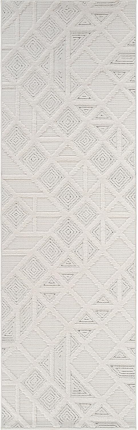 Luul Home Modern Micro Loop Indoor Runner Rugs for Living Room Bedroom Kitchen Geometric Square White 2x7 Luxury Durable Low and High Pile Non-Shedding Stain Resistant Soft Area Carpet 2 x 7