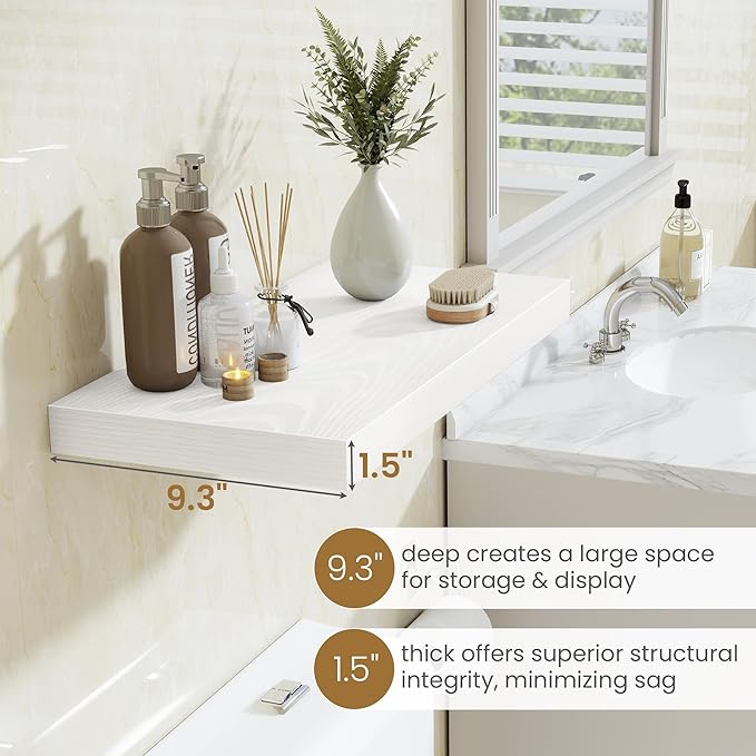 Fun Memories 55 Inch Floating Shelves in White, 9.3 Inch Deep Floating Shelf for Bathroom Living Room Kitchen, Rusitc Wall Mounted Bathroom Shelves 2 Pack, Heavy-Duty Deep Shelf for Books Decor