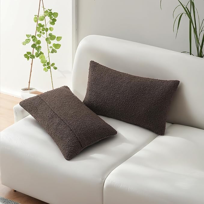 HAUSSY Set of 2 12x20 Decorative Throw Pillow Covers, Soft Cozy Textured Boucle Couch Cases, Home Decor for Couch Bed Living Room, Dark Coffee