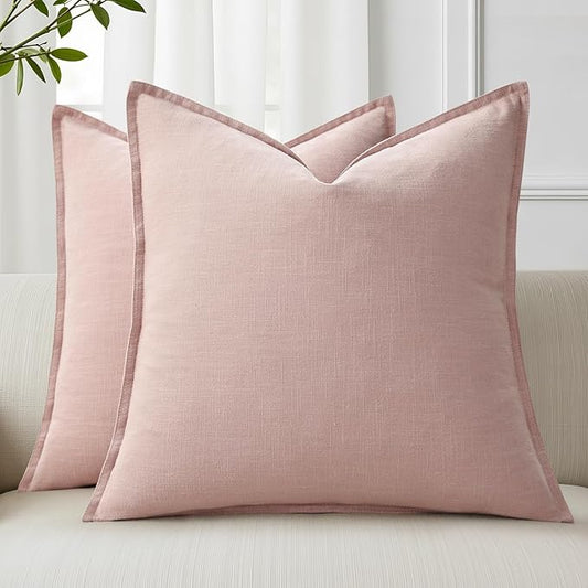 decorUhome Spring Decorative Linen Euro Sham Throw Pillow Covers 26x26 Inch Set of 2 Pink Pillow Covers with Flange Edges Soft Farmhouse Boho Accent Pillow Cases for Couch Bed Living Room Valentines
