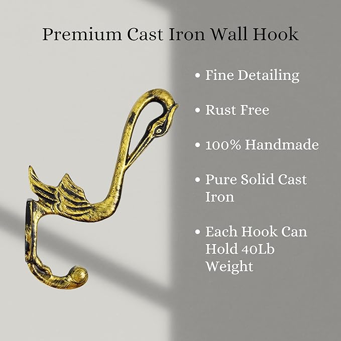 Set of 3 Cast Iron Pelican Shape Coat Hooks Wall Art Decor-Pelican Shape Hangers and Key Holder-Clothes Rack and Backpack Hanger-Coat Hooks Home Decor for Storage,Living Room (Brass Antique)