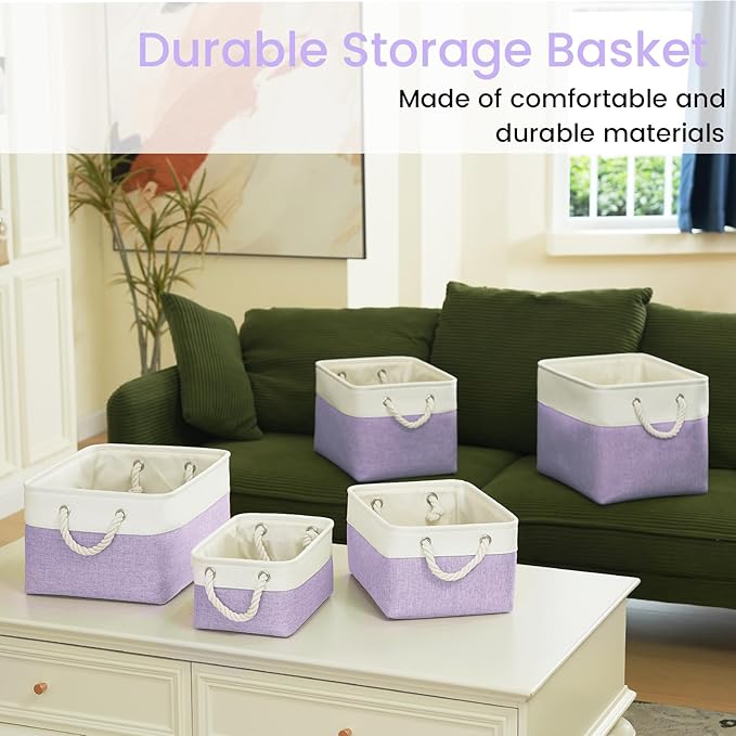 Storage Baskets for Shelves 13.8x9.8x6.7 Inch, Foldable Fabric Storage Bins with Handles, Small Storage Baskets for Organizing Closet, Office, Home Organization (1-Pack, White&Purple)