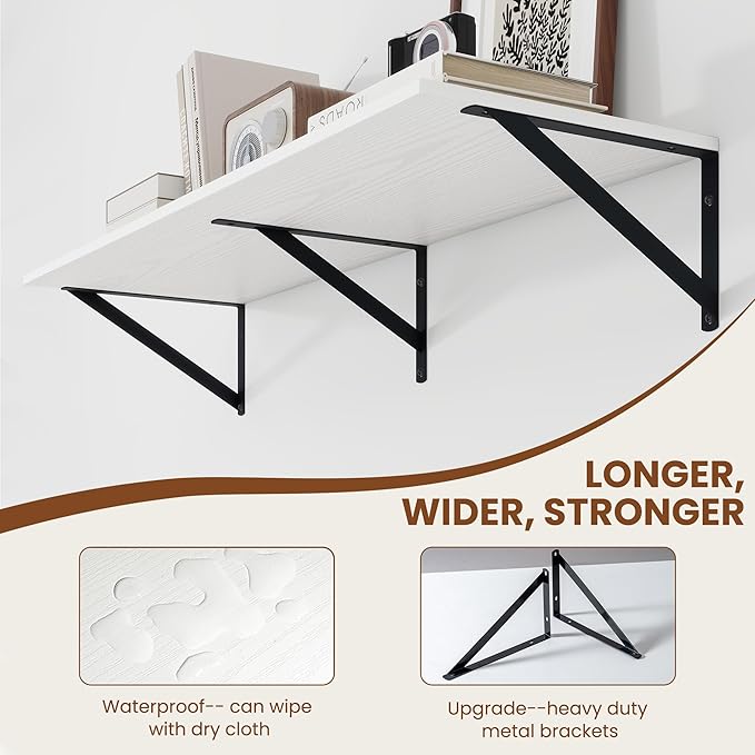Heimlove White Deep Floating Shelves for Wall, 36W x 12D Wood Wall Shelves Set of 2, Wide Floating Bookshelf for Living Room, Kitchen, Office, Bedroom and Decor Storage, with Black Bracket - White