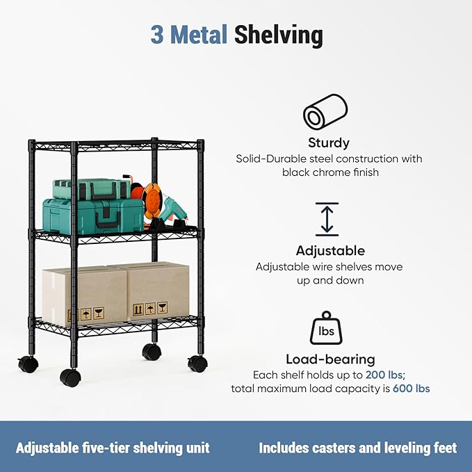 DUMOS 3 Tier Metal Shelving, Heavy Duty Shelves Wire Shelving Unit with Removable Wheel Casters, Shelves Organizer for Bathroom Garage Living Room Kitchen Pantry Laundry