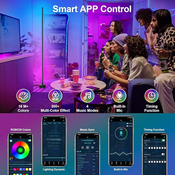 Miortior Corner Floor Lamp, 2 Pack LED Corner Lamp with App/Remote/Button Control, Smart RGB Floor Lamp with 16 Million DIY Colors & 68+ Scene, Music Sync for Living Room, Bedroom, Gaming Room