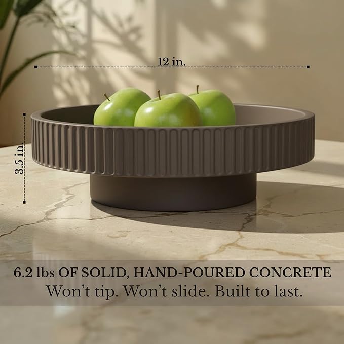 JUPTR 12” Fluted Concrete Fruit Bowl – Heavyweight Pedestal Decorative Bowl for Table Centerpiece, Entryway Catch-All & Modern Home Décor (Charcoal)