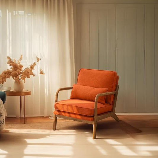 Bonnlo Linen Burnt Orange Mid Century Modern Accent Chair, Soild Wood Padding Lounge Armchairs Side Sitting Chairs for Living Room, Bedroom, Guest Room