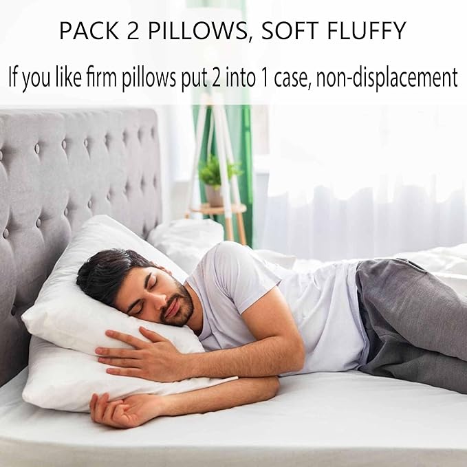 Ultra Thin Flat Soft Bed Pillows King Size Set of 2 Pack for Sleeping 20"x36", Hypoallergenic Skin Friendly Machine Washable