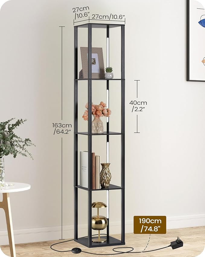 GOEBLESON 64.2" Display Shelf with Light, Modern Corner Floor Lampe with Shelves, LED Dimmable Standing Lamp with Remote for Living Room, Bedroom, Office, Adjustable CCT, Black Square B51LD05